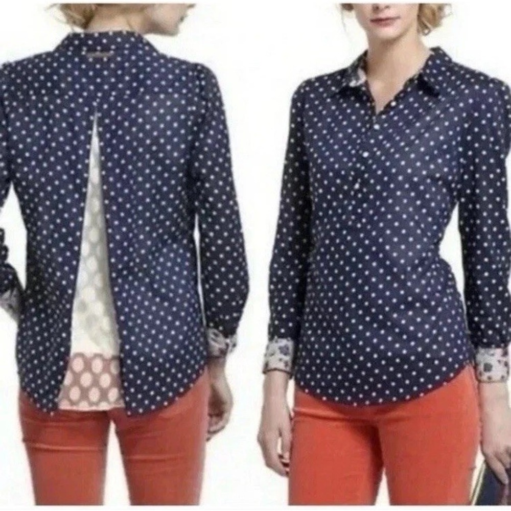 TROVATA Birds Of Paradis Blue Polka Dot Pop Over Blouse Anthropologie/ Large